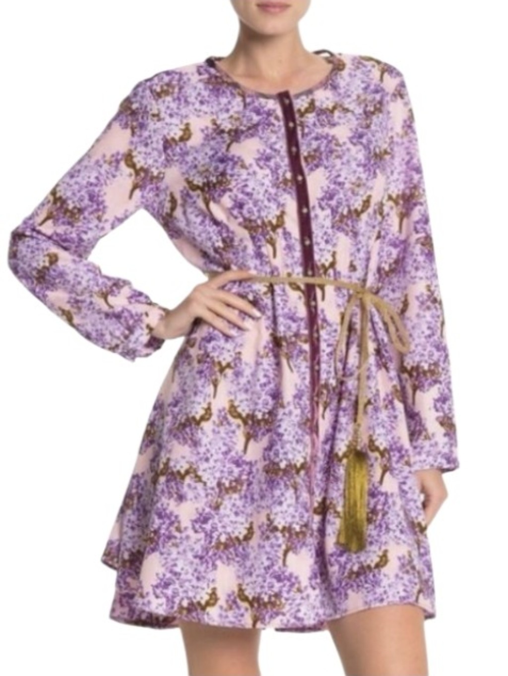 Aratta Silent Journey Small Purple Floral Mini Dress Tassel Belt Luxury Boho